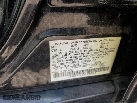 2005 Nissan Altima SL with VIN 1N4BL11D35C392023, listed as a Copart auction lot 49535595 with 157,846 mi miles and Clean title. Bid and sale history available at DreamBid. Image 12.