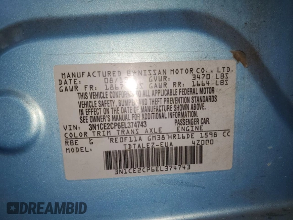 2014 Nissan Note S Plus with VIN 3N1CE2CP6EL374743, listed as a Copart auction lot 49650305 with 126,418 mi miles and Salvage Title. Bid and sale history available at DreamBid. Image 13.