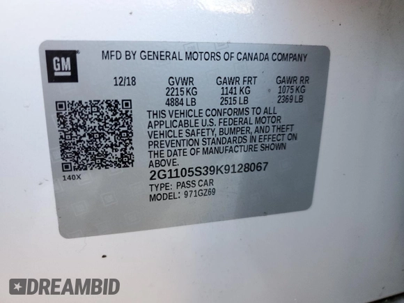2019 Chevrolet Impala Premier with VIN 2G1105S39K9128067, listed as a Copart auction lot 76100684 with 73,491 mi miles and Non Repairable. Bid and sale history available at DreamBid. Image 13.