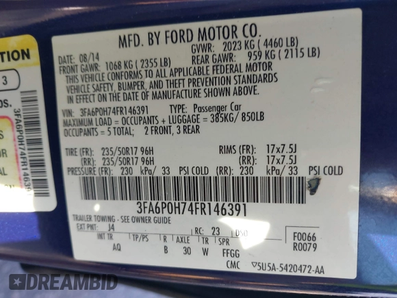 2015 Ford Fusion SE with VIN 3FA6P0H74FR146391, listed as a IAAI auction lot 40663523 with 224,496 mi miles. Bid and sale history available at carsss.com. Image 9.