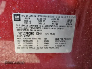 2017 GMC Sierra 1500 Denali with VIN 3GTU2PEC3HG120549, listed as a Copart auction lot 50585115 with 105,186 mi miles and Salvage Title. Bid and sale history available at DreamBid. Image 12.
