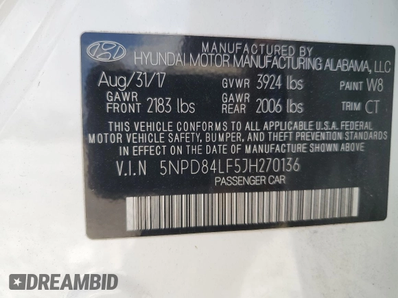 2018 Hyundai Elantra SEL with VIN 5NPD84LF5JH270136, listed as a Copart auction lot 55013155 with 66,573 mi miles and Salvage Title. Bid and sale history available at DreamBid. Image 13.