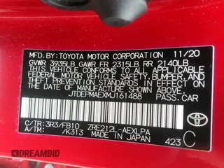 2021 Toyota Corolla LE with VIN JTDEPMAEXMJ161488, listed as a IAAI auction lot 41955278 with 47,255 mi miles and . Bid and sale history available at DreamBid. Image 9.
