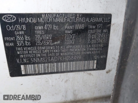 2019 Hyundai Santa Fe SE z VIN 5NMS23AD7KH058499, wystawiony jako IAAI lot #41963798 z przebiegiem Nie podano mil oraz . Historia ofert i sprzedaży dostępna na DreamBid. Obrazek 9.