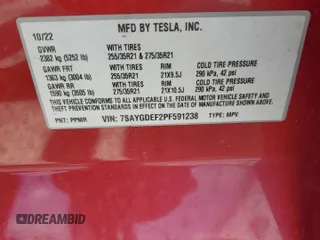 2023 Tesla Model Y Performance z VIN 7SAYGDEF2PF591238, wystawiony jako Copart lot #51991025 z przebiegiem 44 749 mil mil oraz Szkoda całkowita • Salvage title. Historia ofert i sprzedaży dostępna na DreamBid. Obrazek 12.