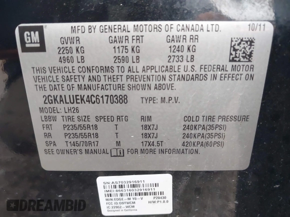 2012 GMC Terrain SLT-1 with VIN 2GKALUEK4C6170388, listed as a IAAI auction lot 41922626 with 149,349 mi miles and . Bid and sale history available at carsss.com. Image 9.