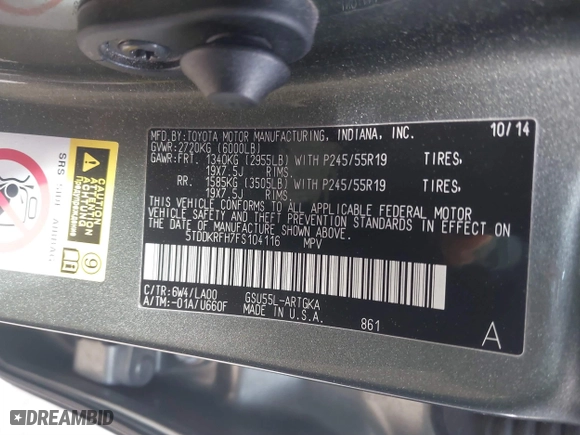 2015 Toyota Highlander Limited with VIN 5TDDKRFH7FS104116, listed as a IAAI auction lot 41612287 with 87,515 mi miles. Bid and sale history available at carsss.com. Image 9.