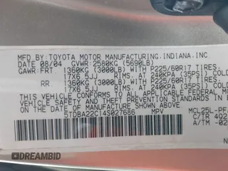 2004 Toyota Sienna XLE with VIN 5TDBA22C14S027686, listed as a IAAI auction lot 41580464 with 376,834 mi miles and . Bid and sale history available at DreamBid. Image 9.