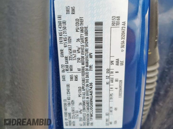 2022 Ford Escape SE with VIN 1FMCU0G69NUA87436, listed as a Copart auction lot 57942875 with 37,675 mi miles and Salvage title. Bid and sale history available at DreamBid. Image 14.