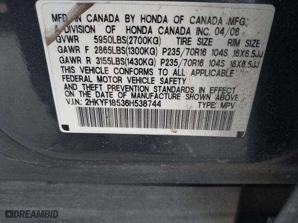 2006 Honda Pilot EX-L with VIN 2HKYF18536H538744, listed as a IAAI auction lot 42025277 with 203,012 mi miles. Bid and sale history available at carsss.com. Image 9.