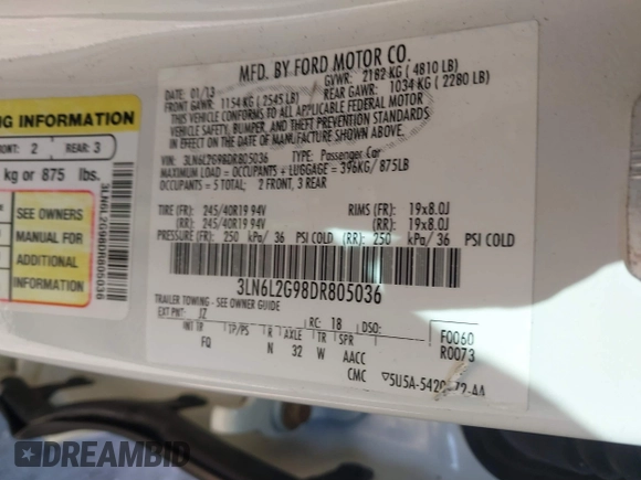 2013 Lincoln MKZ with VIN 3LN6L2G98DR805036, listed as a IAAI auction lot 40981671 with 121,079 mi miles and . Bid and sale history available at DreamBid. Image 9.