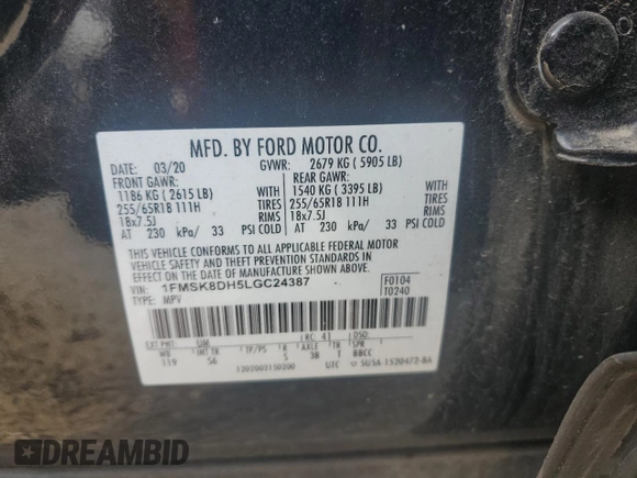 2020 Ford Explorer XLT z VIN 1FMSK8DH5LGC24387, wystawiony jako Copart lot #52971925 z przebiegiem 106 009 mil mil oraz Szkoda całkowita • Salvage title. Historia ofert i sprzedaży dostępna na DreamBid. Obrazek 15.