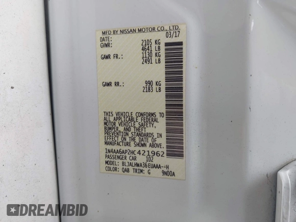 2017 Nissan Maxima SL with VIN 1N4AA6AP2HC421962, listed as a IAAI auction lot 42357374 with 127,450 mi miles and . Bid and sale history available at DreamBid. Image 9.