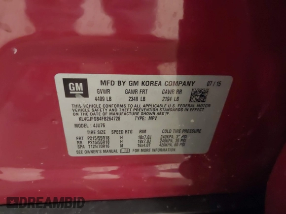 2015 Buick Encore Convenience with VIN KL4CJFSB4FB264728, listed as a IAAI auction lot 41690691 with 101,731 mi miles. Bid and sale history available at carsss.com. Image 9.