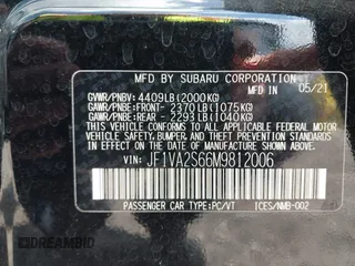 2021 Subaru WRX STI with VIN JF1VA2S66M9812006, listed as a IAAI auction lot 42021904 with 37,792 mi miles and . Bid and sale history available at DreamBid. Image 9.