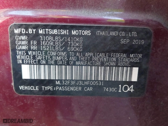 2020 Mitsubishi Mirage G4 ES with VIN ML32F3FJ3LHF00531, listed as a IAAI auction lot 41820798 with 62,625 mi miles. Bid and sale history available at carsss.com. Image 9.