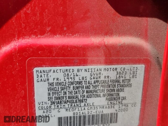 2016 Nissan Sentra SV with VIN 3N1AB7AP4GL676972, listed as a Copart auction lot 53526055 with 146,128 mi miles and Salvage Title. Bid and sale history available at DreamBid. Image 13.