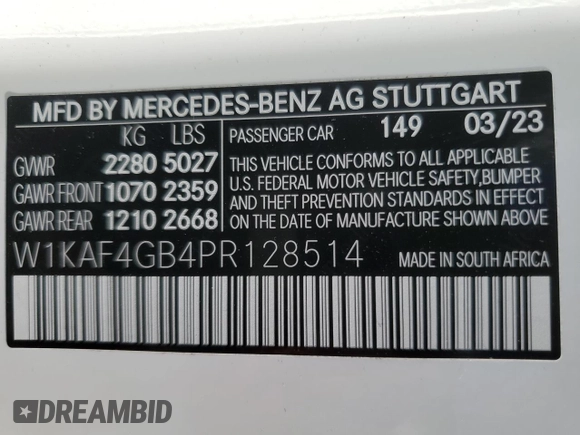 2023 Mercedes-Benz C 300 with VIN W1KAF4GB4PR128514, listed as a Copart auction lot 57564215 with 41,578 mi miles and Salvage title. Bid and sale history available at DreamBid. Image 13.