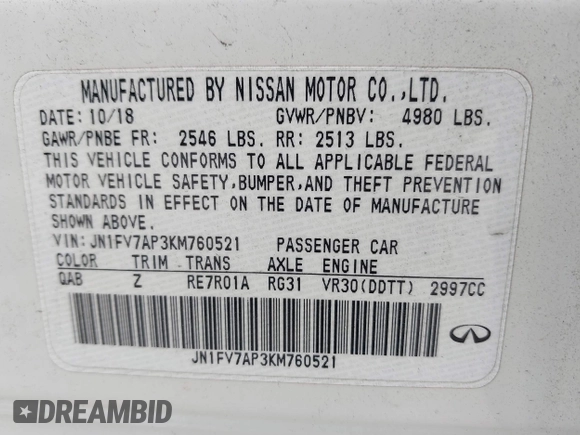 2019 Infiniti Q50 RED SPORT 400 with VIN JN1FV7AP3KM760521, listed as a IAAI auction lot 41469103 with 85,768 mi miles. Bid and sale history available at carsss.com. Image 9.
