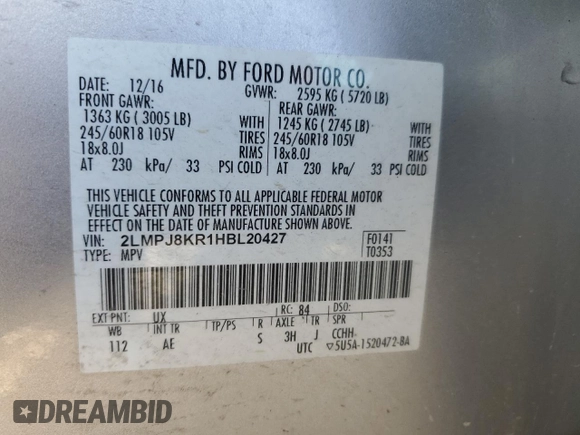 2017 Lincoln MKX Select with VIN 2LMPJ8KR1HBL20427, listed as a Copart auction lot 84268754 with 91,171 mi miles and Salvage Title. Bid and sale history available at carsss.com. Image 13.