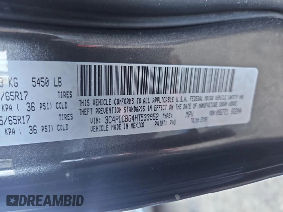 2017 Dodge Journey SXT with VIN 3C4PDCBG4HT533952, listed as a Copart auction lot 43207705 with 155,060 mi miles and Clean title. Bid and sale history available at DreamBid. Image 10.