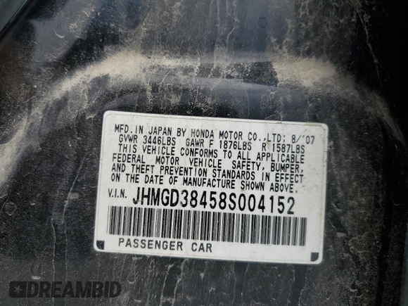 2008 Honda Fit with VIN JHMGD38458S004152, listed as a Copart auction lot 57236925 with 154,411 mi miles and Salvage title. Bid and sale history available at DreamBid. Image 12.