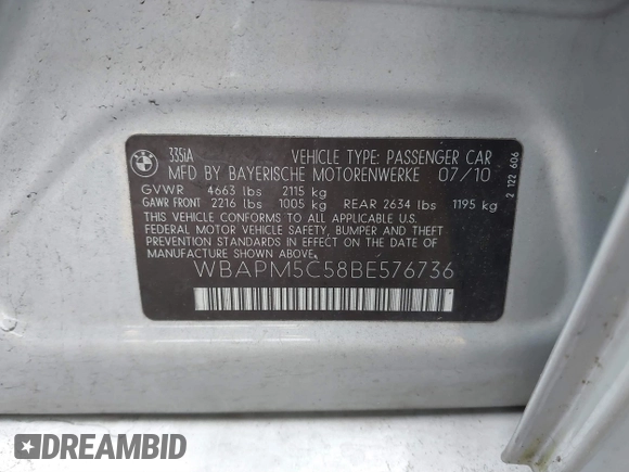 2011 BMW 3 Series 335i with VIN WBAPM5C58BE576736, listed as a IAAI auction lot 41859606 with 120,884 mi miles. Bid and sale history available at carsss.com. Image 9.
