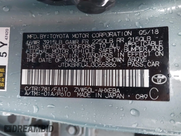 2018 Toyota Prius Two with VIN JTDKBRFU4J3065886, listed as a IAAI auction lot 42011368 with Not Provided miles and . Bid and sale history available at carsss.com. Image 9.