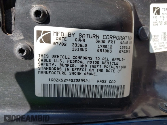 2002 Saturn SL with VIN 1G8ZK52742Z289921, listed as a IAAI auction lot 42340896 with 165,328 mi miles and . Bid and sale history available at DreamBid. Image 9.