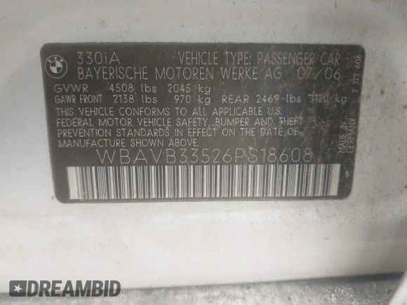 2006 BMW 3 Series 330i с VIN WBAVB33526PS18608, выставлен на аукционе IAAI как лот 42521613 с пробегом Не указан миль и . История ставок и продаж доступна на DreamBid. Изображение 9.