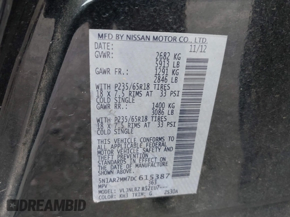 2013 Nissan Pathfinder SL z VIN 5N1AR2MM7DC615387, wystawiony jako IAAI lot #42465319 z przebiegiem 198 712 mil mil oraz . Historia ofert i sprzedaży dostępna na DreamBid. Obrazek 9.