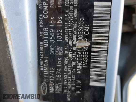 2012 Hyundai Accent GS с VIN KMHCT5AE1CU053035, выставлен на аукционе Copart как лот 49318715 с пробегом Не указан миль и Списание • Salvage title. История ставок и продаж доступна на DreamBid. Изображение 13.