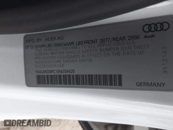 2014 Audi S7 Prestige with VIN WAUW2AFC1EN039425, listed as a IAAI auction lot 41803621 with 73,819 mi miles. Bid and sale history available at carsss.com. Image 9.