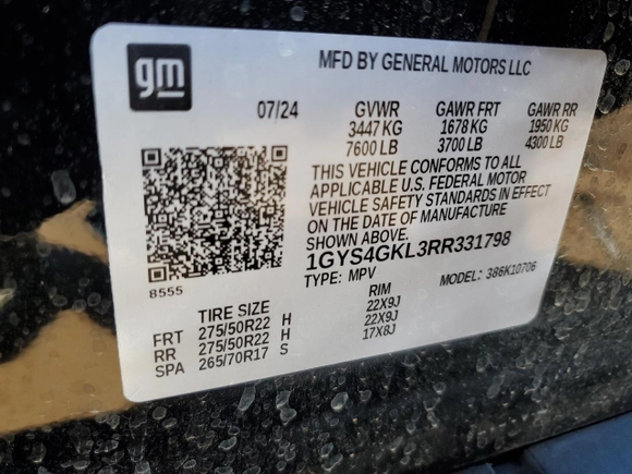 2024 Cadillac Escalade 4WD Sport Platinum z VIN 1GYS4GKL3RR331798, wystawiony jako Copart lot #81526454 z przebiegiem 4 140 mil mil oraz Szkoda całkowita • Salvage title. Historia ofert i sprzedaży dostępna na DreamBid. Obrazek 15.