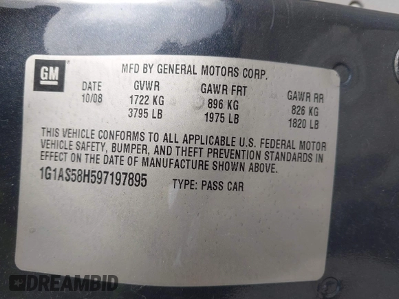 2009 Chevrolet Cobalt with VIN 1G1AS58H597197895, listed as a IAAI auction lot 41956923 with 83,228 mi miles and . Bid and sale history available at DreamBid. Image 9.