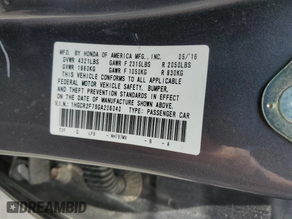 2016 Honda Accord Sedan EX with VIN 1HGCR2F79GA206040, listed as a Copart auction lot 55202225 with 985,978 mi miles and Salvage Title. Bid and sale history available at carsss.com. Image 12.