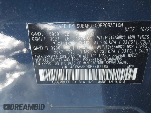 2024 Subaru Ascent Onyx with VIN 4S4WMAHD8R3402688, listed as a IAAI auction lot 41575456 with 19,862 mi miles and . Bid and sale history available at DreamBid. Image 9.