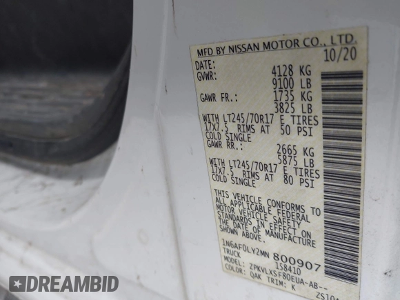2021 Nissan NV Cargo SV with VIN 1N6AF0LY2MN800907, listed as a IAAI auction lot 42031094 with 73,197 mi miles and . Bid and sale history available at DreamBid. Image 9.