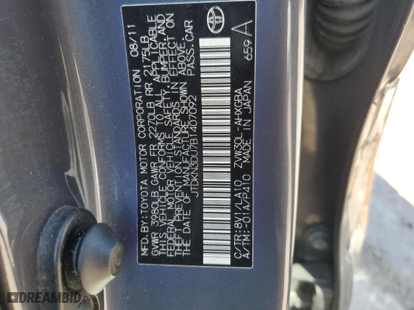 2011 Toyota Prius I with VIN JTDKN3DU7B1407092, listed as a Copart auction lot 87689245 with 179,488 mi miles and Salvage Title. Bid and sale history available at carsss.com. Image 14.