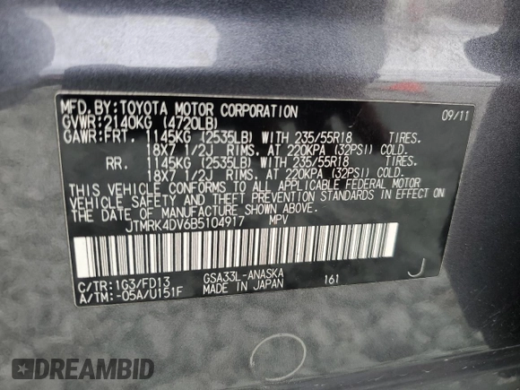 2011 Toyota RAV4 Sport с VIN JTMRK4DV6B5104917, выставлен на аукционе Copart как лот 48401805 с пробегом 208 251 миль миль и Списание • Salvage title. История ставок и продаж доступна на DreamBid. Изображение 15.