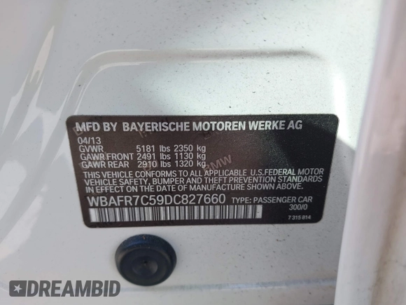 2013 BMW 5 Series 535i with VIN WBAFR7C59DC827660, listed as a IAAI auction lot 41047642 with 131,917 mi miles and . Bid and sale history available at DreamBid. Image 9.