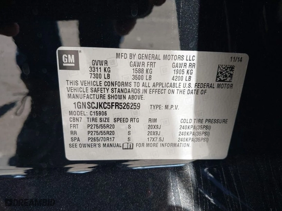 2015 Chevrolet Suburban LT with VIN 1GNSCJKC5FR526259, listed as a IAAI auction lot 41849566 with NaN miles. Bid and sale history available at carsss.com. Image 9.