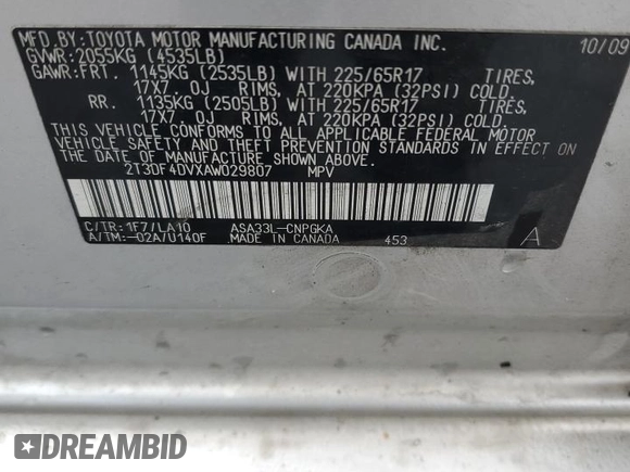 2010 Toyota RAV4 Limited with VIN 2T3DF4DVXAW029807, listed as a Copart auction lot 58784685 with 176,236 mi miles and Salvage title. Bid and sale history available at DreamBid. Image 13.