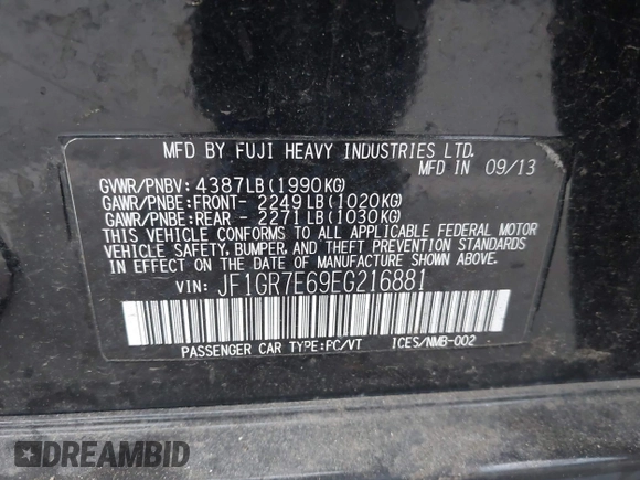 2014 Subaru WRX WRX with VIN JF1GR7E69EG216881, listed as a IAAI auction lot 42116536 with 135,337 mi miles and . Bid and sale history available at DreamBid. Image 9.