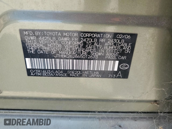 2006 Lexus IS 250 with VIN JTHBK262865012673, listed as a Copart auction lot 64866815 with 169,413 mi miles and Clean title. Bid and sale history available at DreamBid. Image 12.