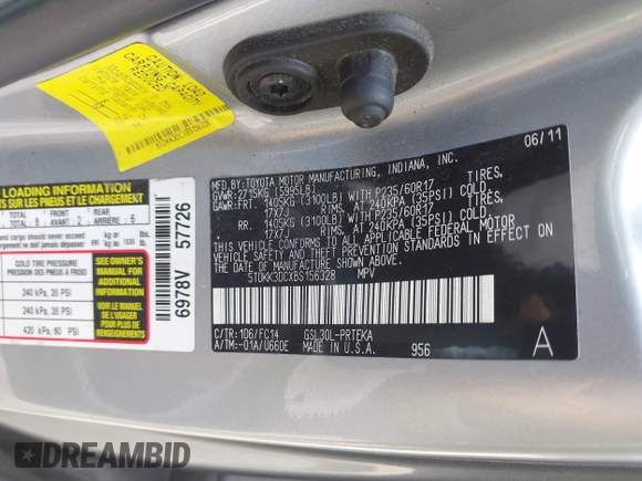 2011 Toyota Sienna LE AAS with VIN 5TDKK3DCXBS156328, listed as a IAAI auction lot 42721542 with 153,286 mi miles and . Bid and sale history available at DreamBid. Image 9.