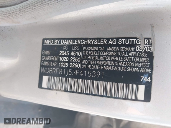 2003 Mercedes-Benz C 240 with VIN WDBRF81J53F415391, listed as a IAAI auction lot 42395978 with 201,659 mi miles and . Bid and sale history available at DreamBid. Image 9.