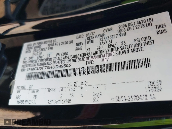 2017 Ford Escape S with VIN 1FMCU0F70HUD49505, listed as a IAAI auction lot 42458278 with 133,200 mi miles and . Bid and sale history available at DreamBid. Image 9.