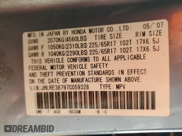 2007 Honda CR-V EX-L with VIN JHLRE38797C059328, listed as a Copart auction lot 51526525 with 92,801 mi miles and Clean Title. Bid and sale history available at carsss.com. Image 13.