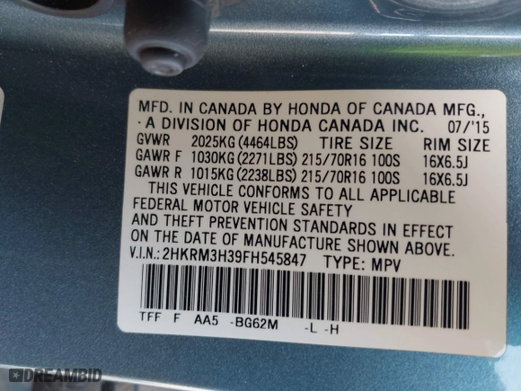 2015 Honda CR-V LX with VIN 2HKRM3H39FH545847, listed as a IAAI auction lot 41993009 with 40,985 mi miles. Bid and sale history available at carsss.com. Image 9.